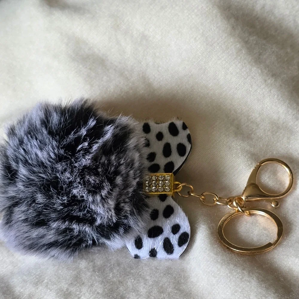 Faux Fur Pom Pom Keychain Dalmatian Print Bow Gold Bag Charm Grey Black Spotted